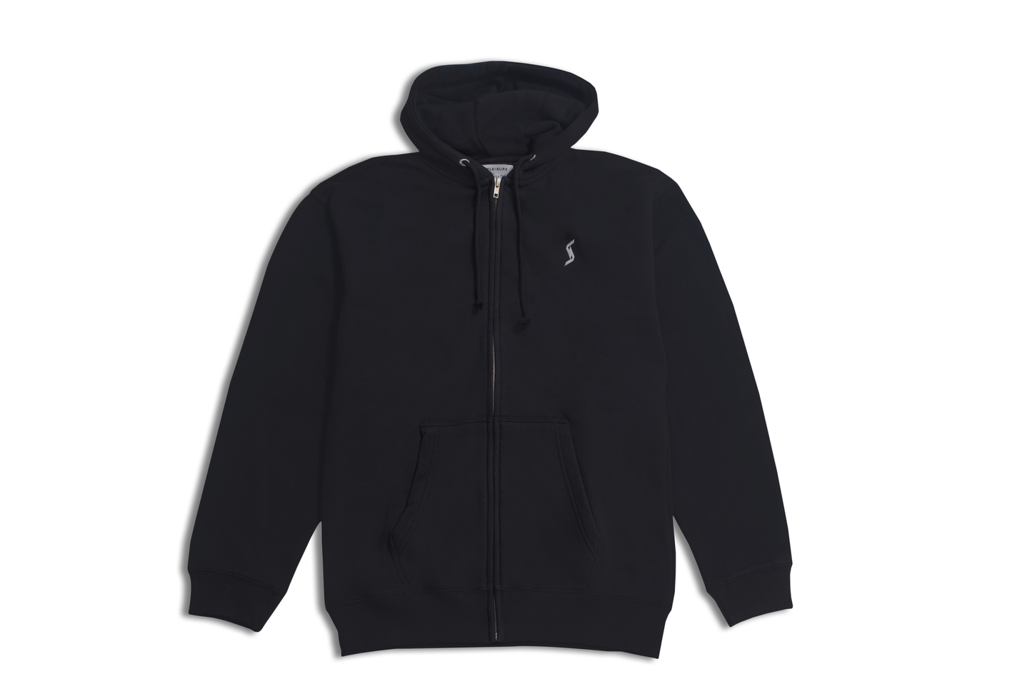 Men’s Black Classic Zip-Up Hoodie front view, featuring adjustable drawstrings and front kangaroo pocket for comfort and style.
