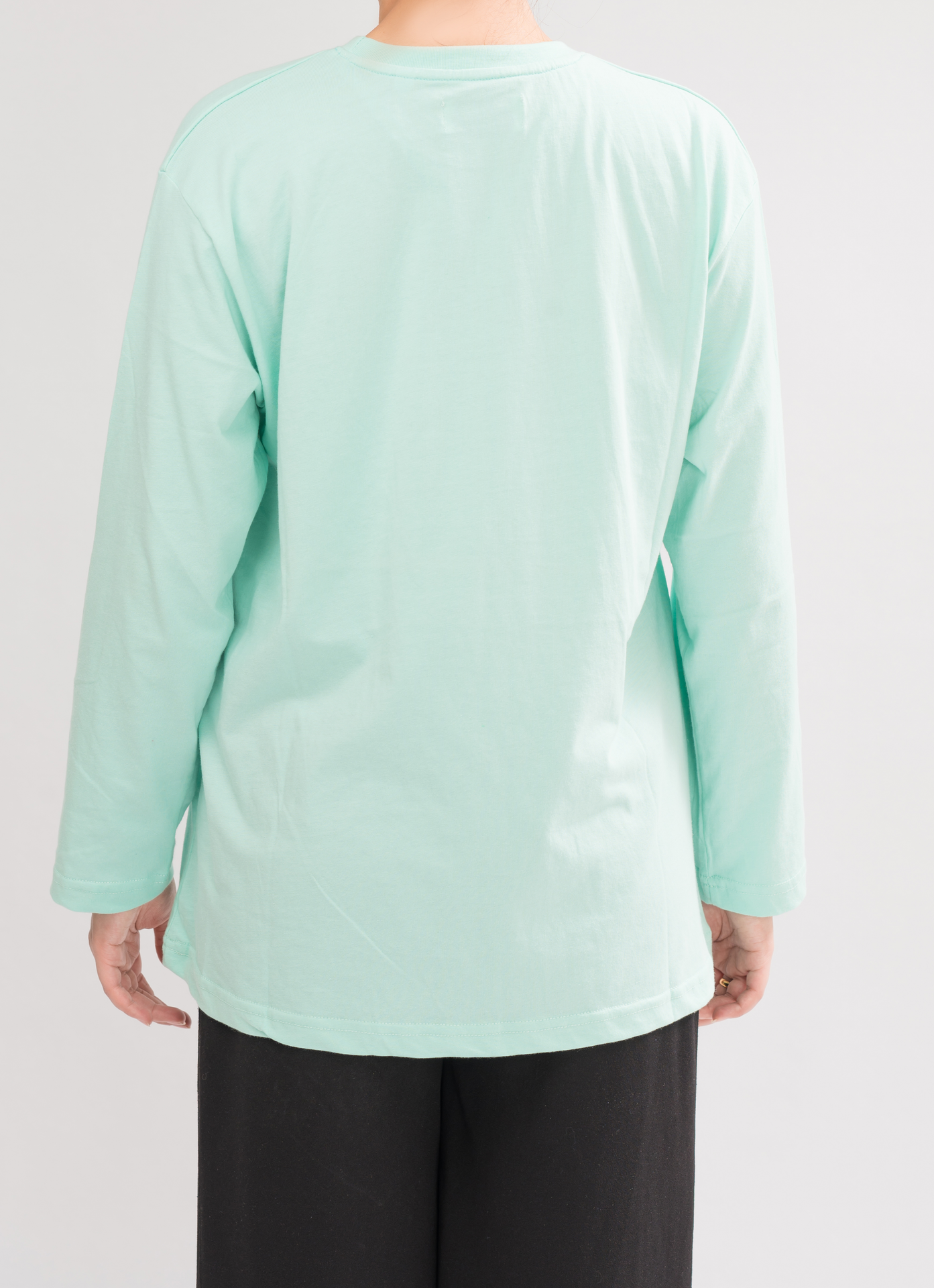 Back view of Women’s Oversized Crew Neck T-Shirt Dress in HoneyDew. Crew neck design with a relaxed fit for everyday wear.