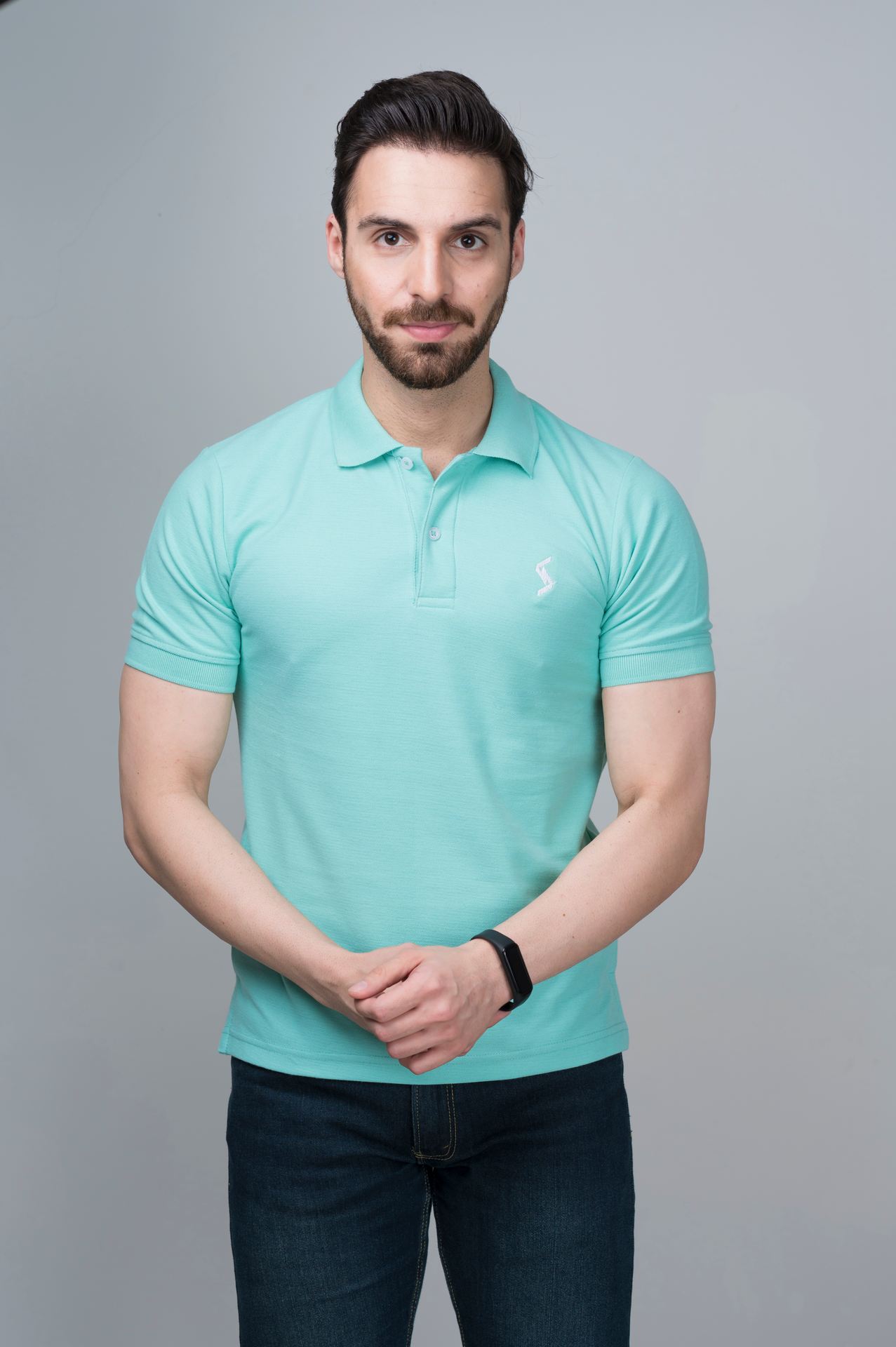 Men’s Beveled Glass Classic Polo front view, featuring sleek spread collar and short sleeves for a sophisticated look.