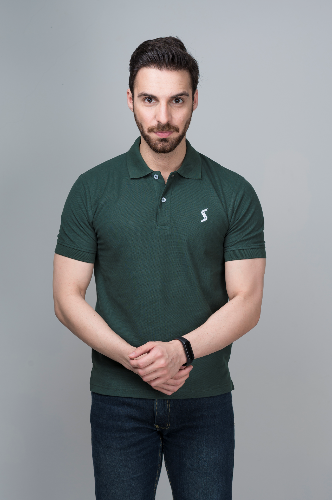 Men’s Dark Moss Green Classic Polo front view, featuring sleek spread collar and short sleeves for a sophisticated look.