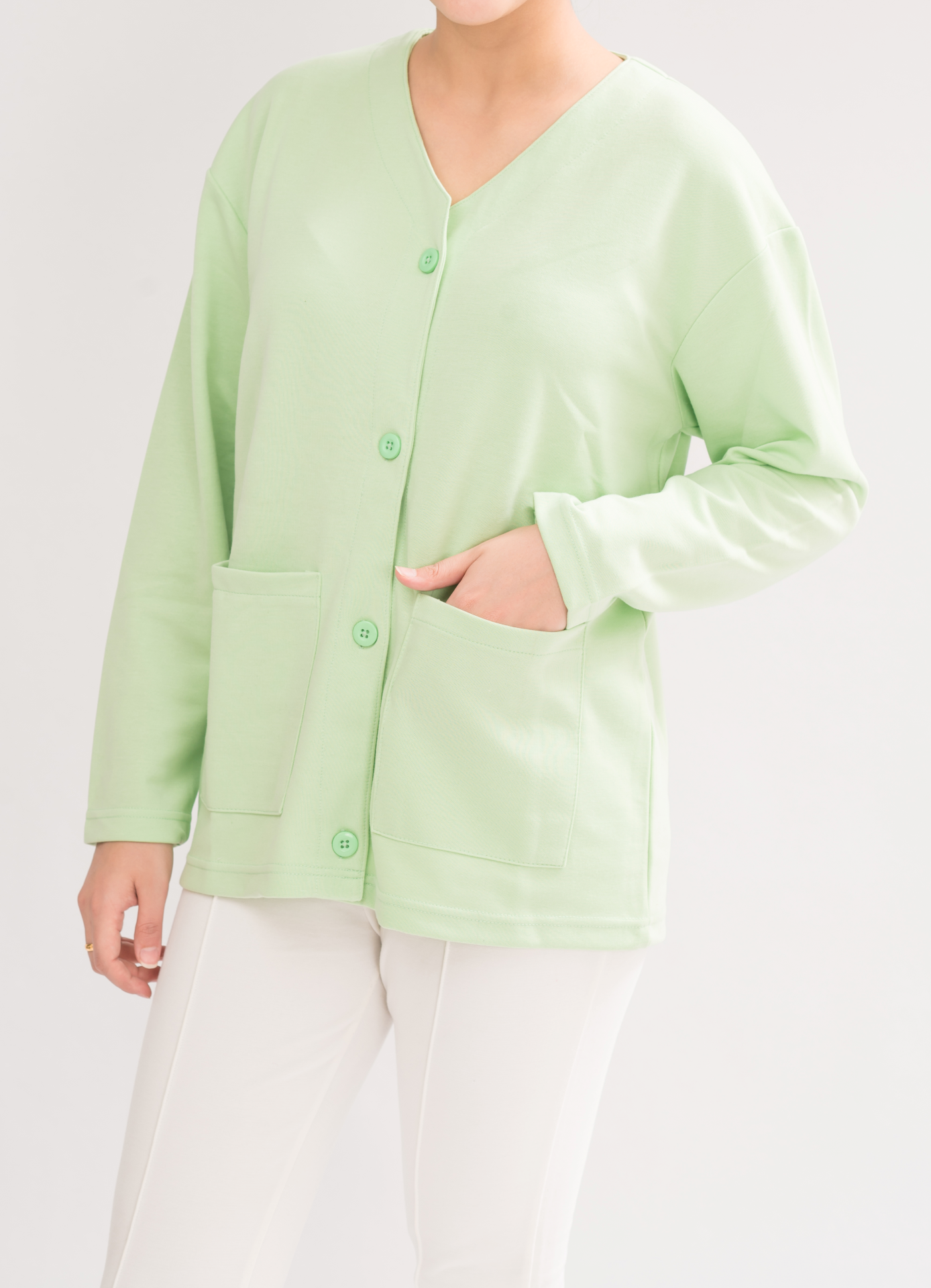 Women’s Mint Lightweight Double-Knitted Cotton Blend Cardigan front view, showcasing timeless elegance and sophisticated style.