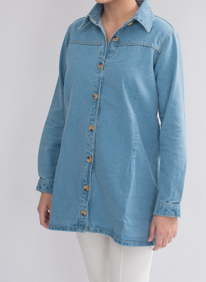 Women’s Long-Sleeve Denim Dress Shirt front view, showcasing button-through details and a classic collar for refined style.