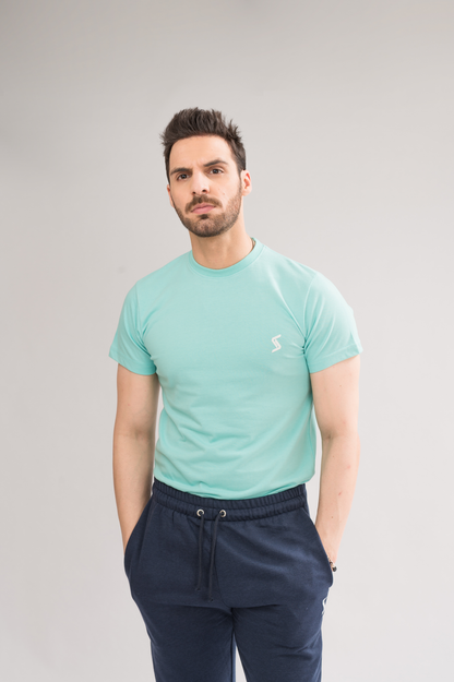 Men’s Aruba Blue Regular Fit T-Shirt front view, featuring short sleeves, crew neck, and printed logo for a stylish look.