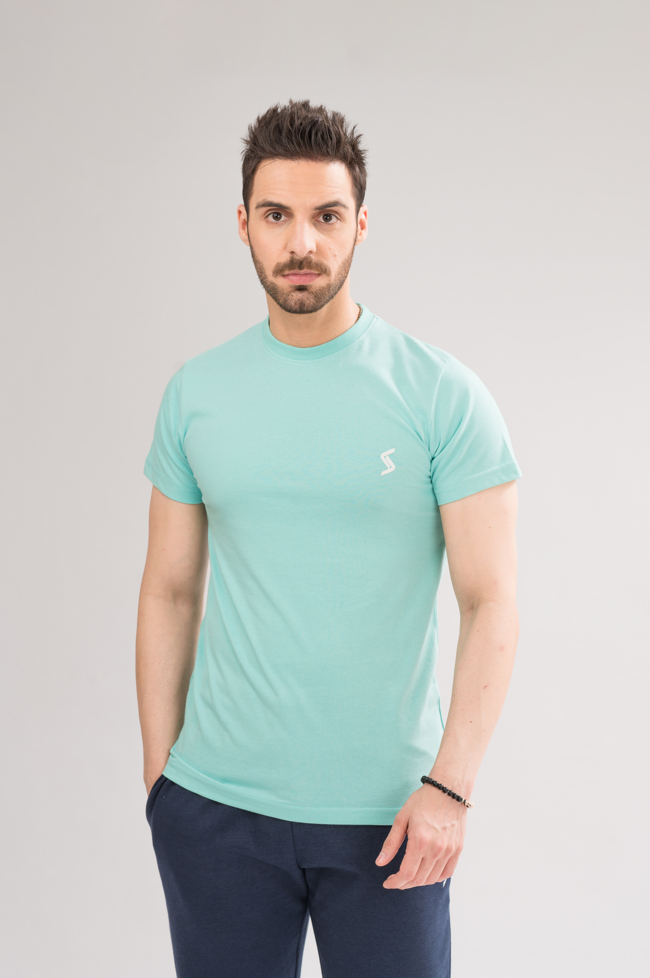 Men’s Aruba Blue Regular Fit T-Shirt front view, featuring short sleeves, crew neck, and printed logo for a stylish look.