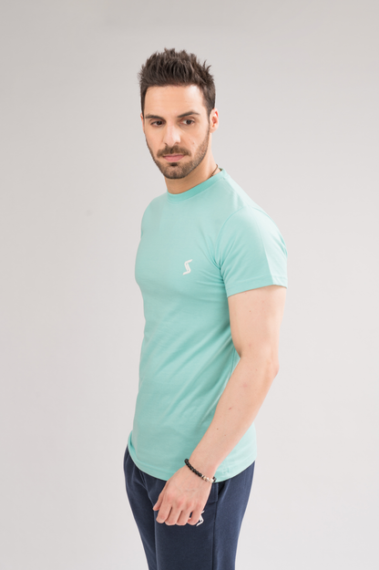 Side view of Men’s Aruba Blue Regular Fit T-Shirt, showcasing the comfortable fit and versatile design.