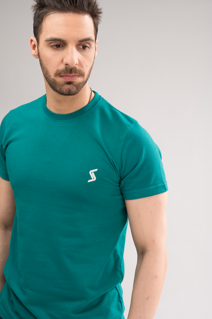 Close-up of Kayaking Green Regular Fit T-Shirt material, highlighting soft fabric and printed logo detail.