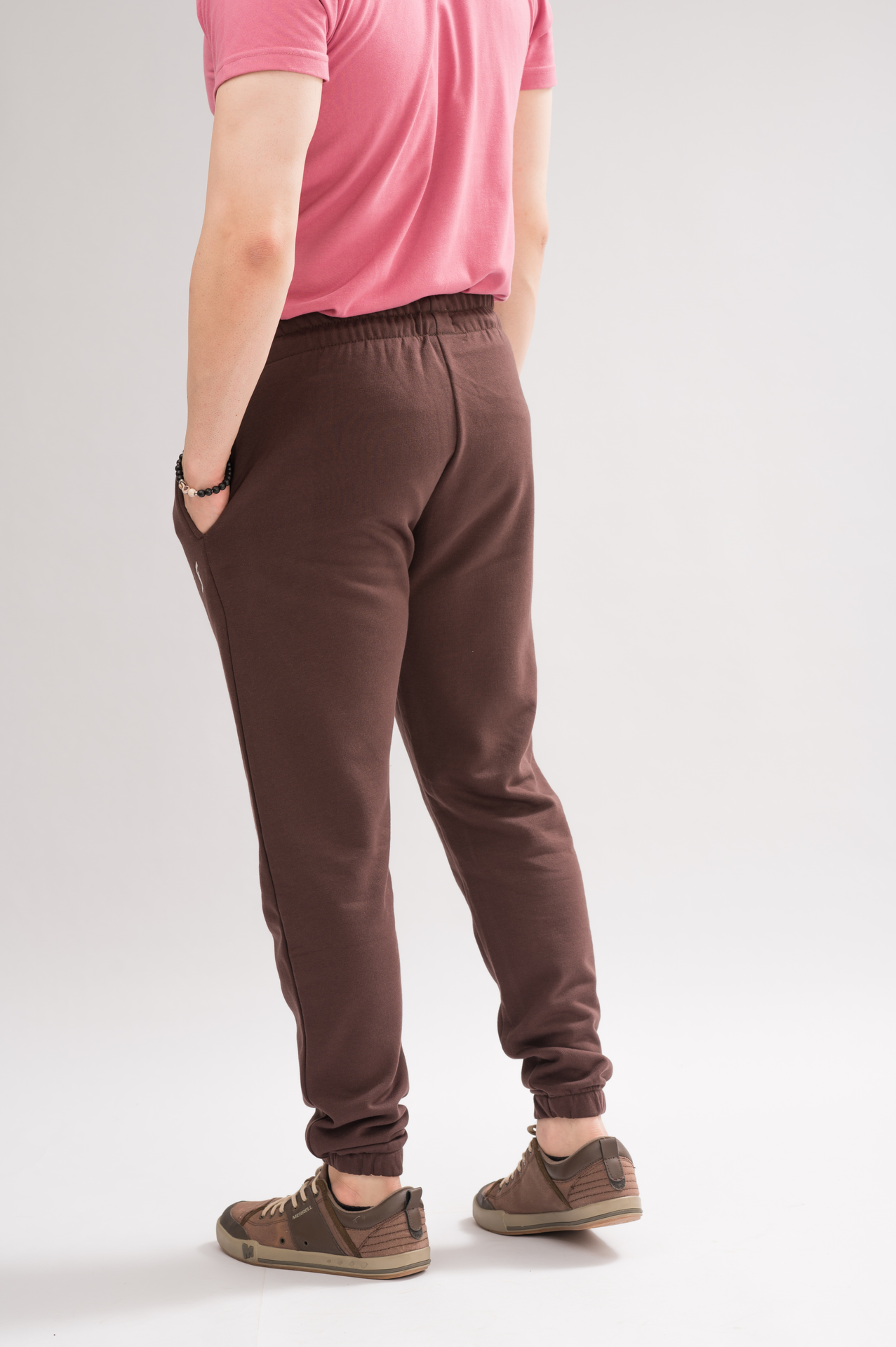 Men’s Maroon Elastic Waist Relaxed Fit Trouser back view, displaying the chic design and smooth finish.