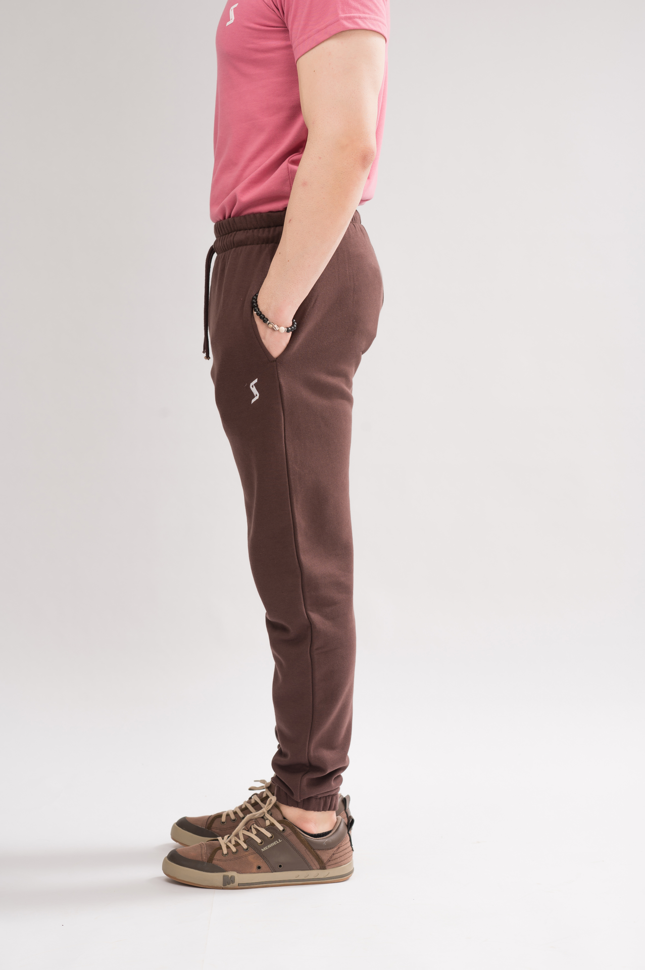 Side view of Men’s Maroon Elastic Waist Relaxed Fit Trouser, showcasing the effortless relaxed fit.