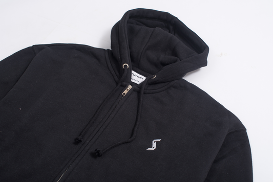 lose-up of Black Classic Zip-Up Hoodie, showcasing brushed interior for unparalleled softness and cozy feel.