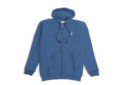 Men’s Navy Classic Zip-Up Hoodie front view, featuring adjustable drawstrings and front kangaroo pocket for comfort and style.