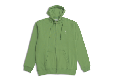 Men’s Stone Green Classic Zip-Up Hoodie front view, featuring adjustable drawstrings and front kangaroo pocket for comfort and style.