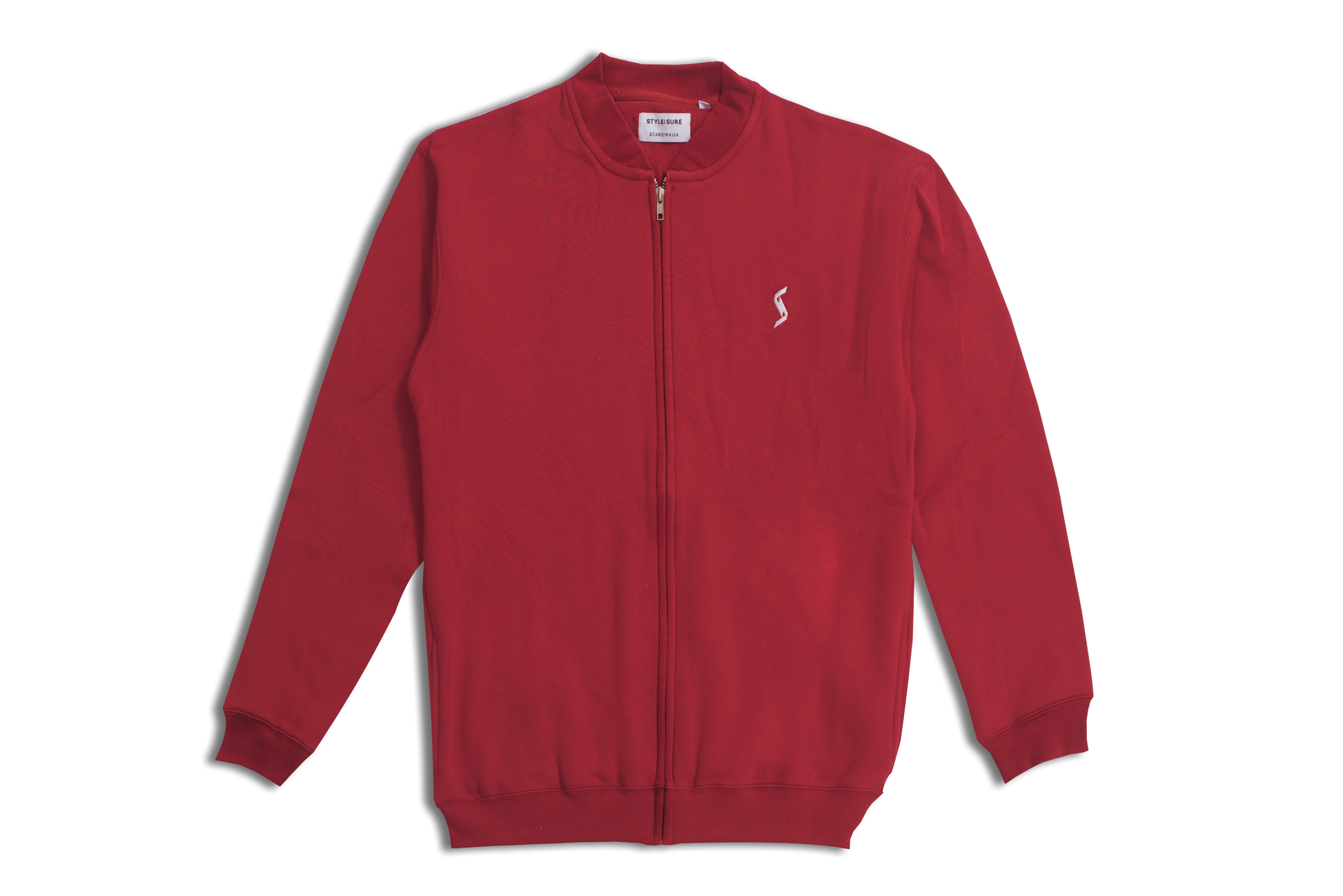 Men’s Red Dahlia Cotton Fleece Bomber Jacket front view, showcasing timeless design and premium snug fit.