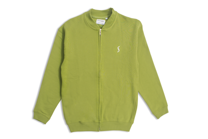 Men’s Calla Green Cotton Fleece Bomber Jacket front view, stylish design and comfortable fit.