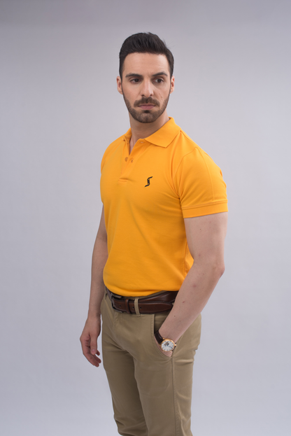 Side view of Men’s Saffron Classic Polo, showcasing the fit and stylish short sleeves.