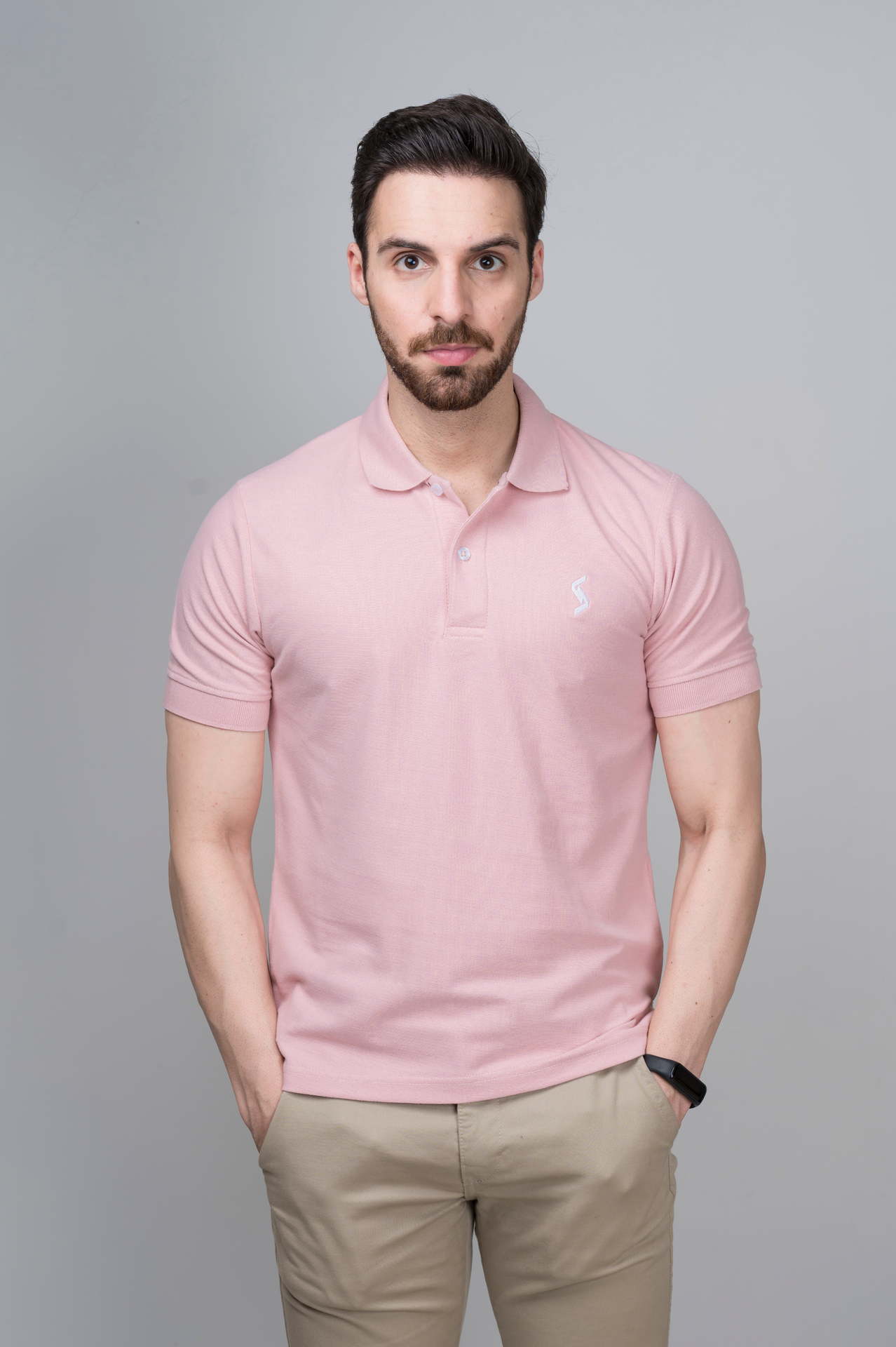 Men’s Spanish Villa Classic Polo front view, featuring sleek spread collar and short sleeves for an elegant look.