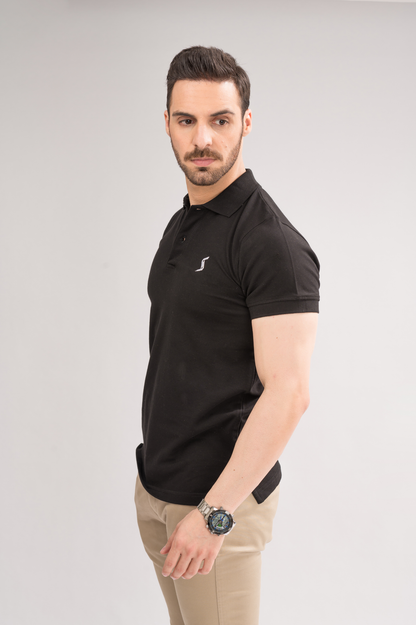 Side view of Men’s Black Classic Polo, showcasing the fit and stylish short sleeves.