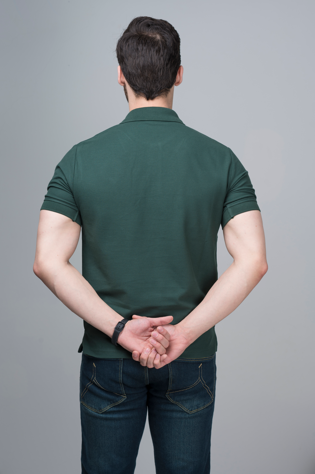 Men’s Dark Moss Green Classic Polo back view, displaying the classic design and smooth finish.