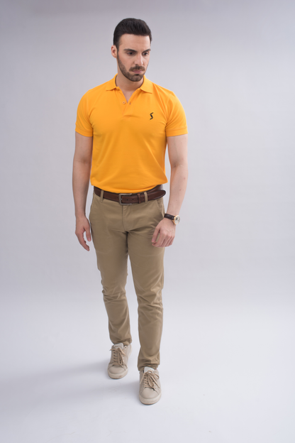 Men’s Saffron Classic Polo front view, featuring sleek spread collar and short sleeves for a bold look.