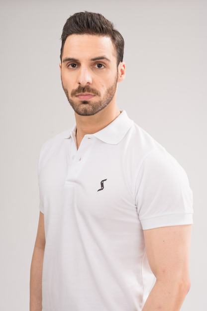 Close-up of White Classic Polo material, highlighting soft and breathable fabric for summer comfort.