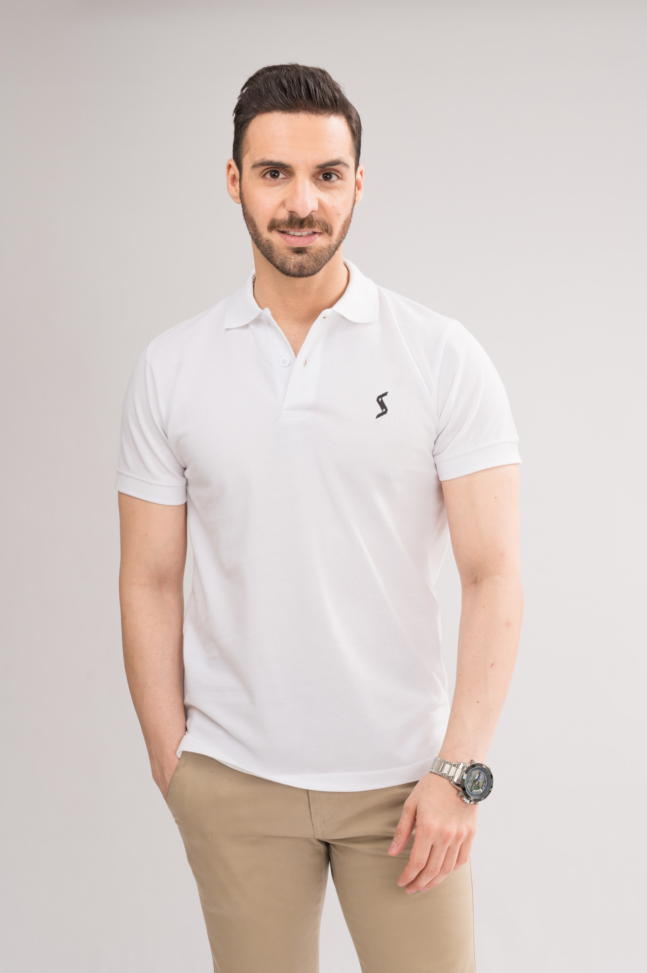 Men’s White Classic Polo front view, featuring sleek spread collar and short sleeves for a clean look.