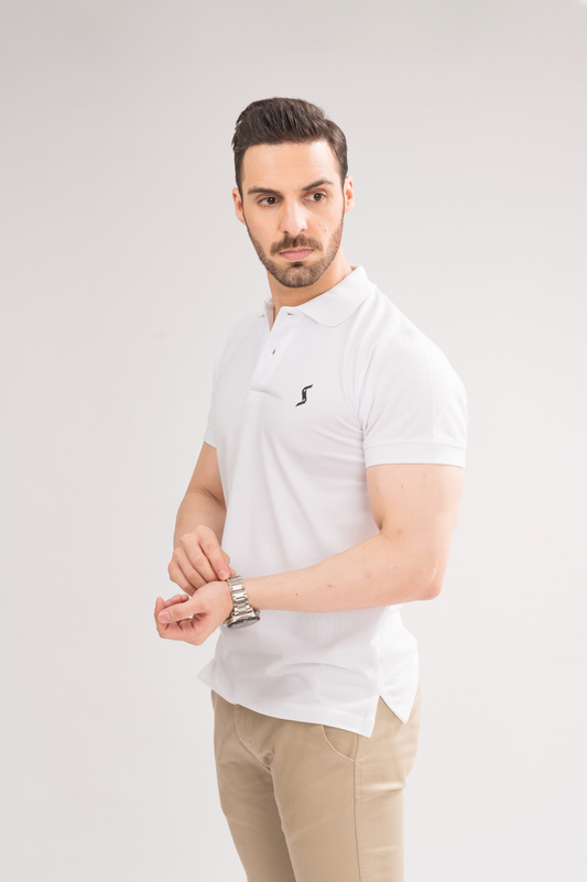 Side view of Men’s White Classic Polo, showcasing the fit and stylish short sleeves.