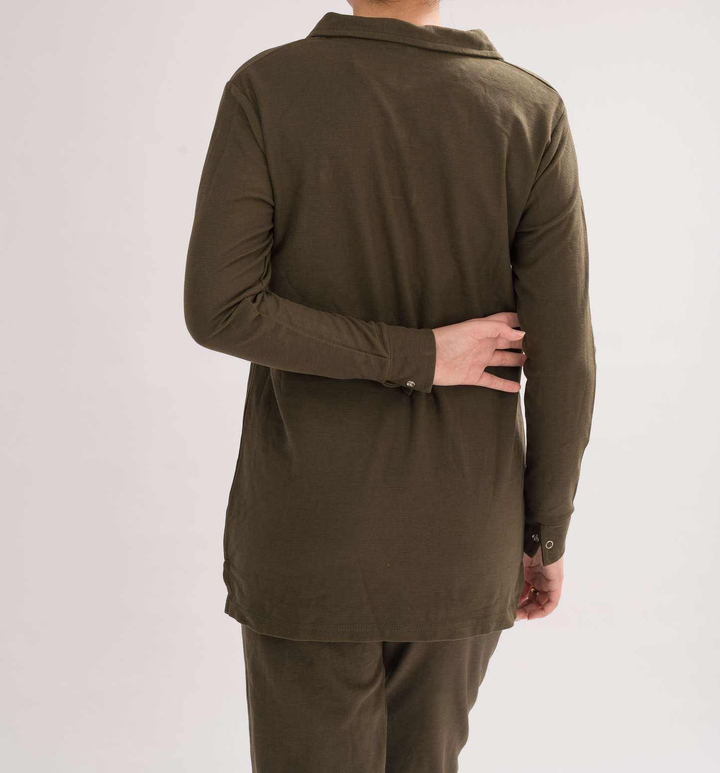 Women’s Olive Long Sleeve Polo Dress Shirt back view, displaying the timeless design and smooth finish.