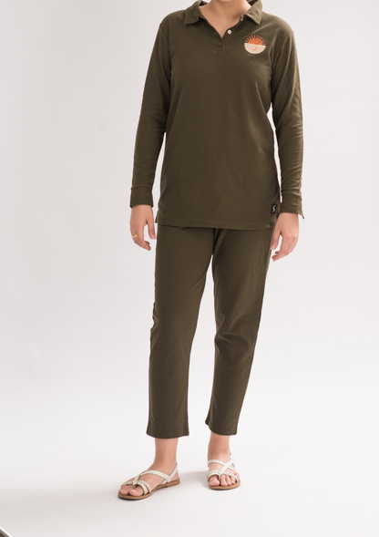 Women’s Olive Long Sleeve Polo Dress Shirt front view, combining comfort and simplicity for a chic look.