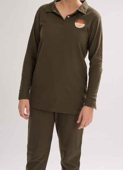 Women’s Olive Long Sleeve Polo Dress Shirt front view, combining comfort and simplicity for a chic look.