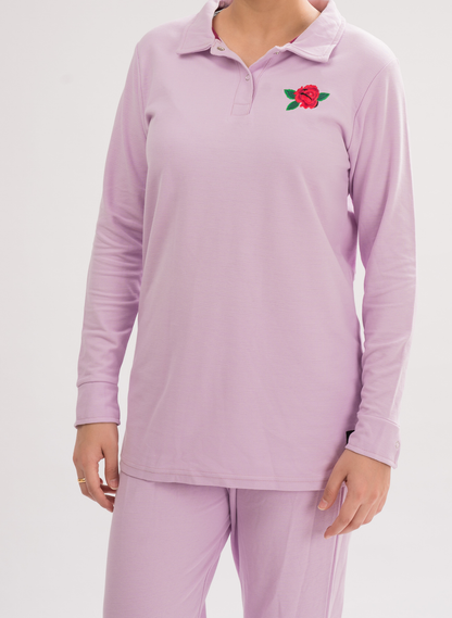 Close-up of Orchid Bloom Long Sleeve Polo Dress Shirt material, highlighting the soft and comfortable fabric.