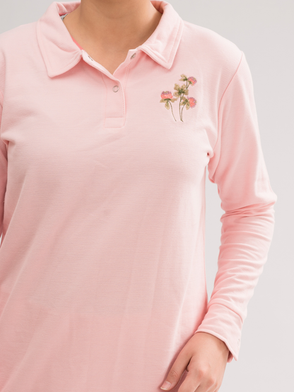 Close-up of Rose Shadow Long Sleeve Polo Dress Shirt material, highlighting the soft and comfortable fabric.