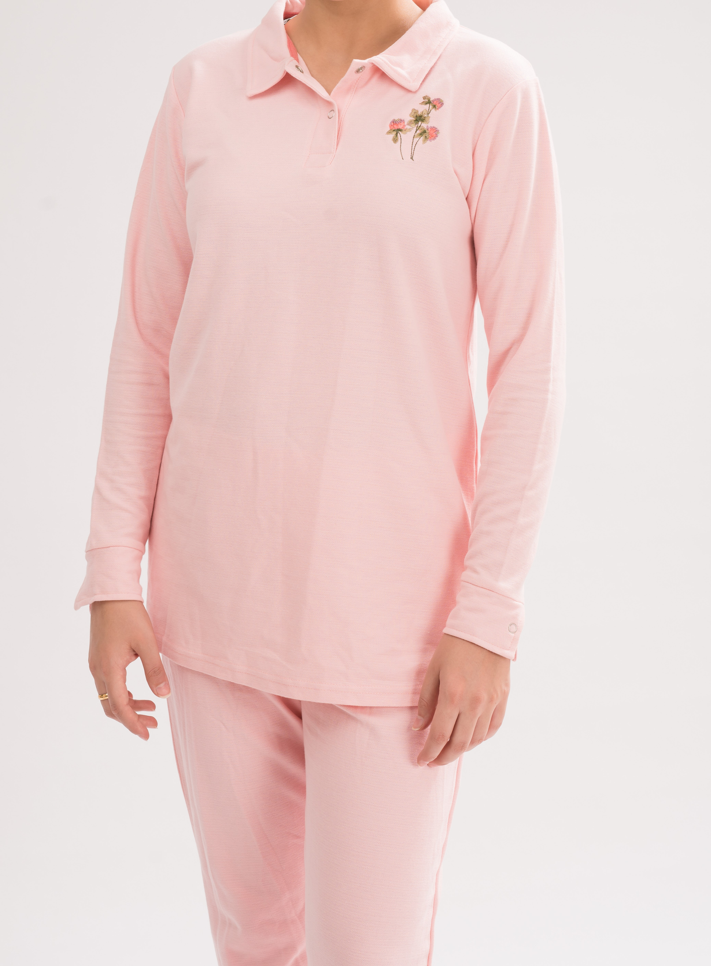 Women’s Rose Shadow Long Sleeve Polo Dress Shirt front view, combining comfort and simplicity for a chic look.