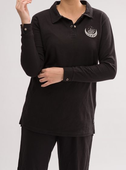 Women’s Black Long Sleeve Polo Dress Shirt front view, combining comfort and simplicity for a chic look.