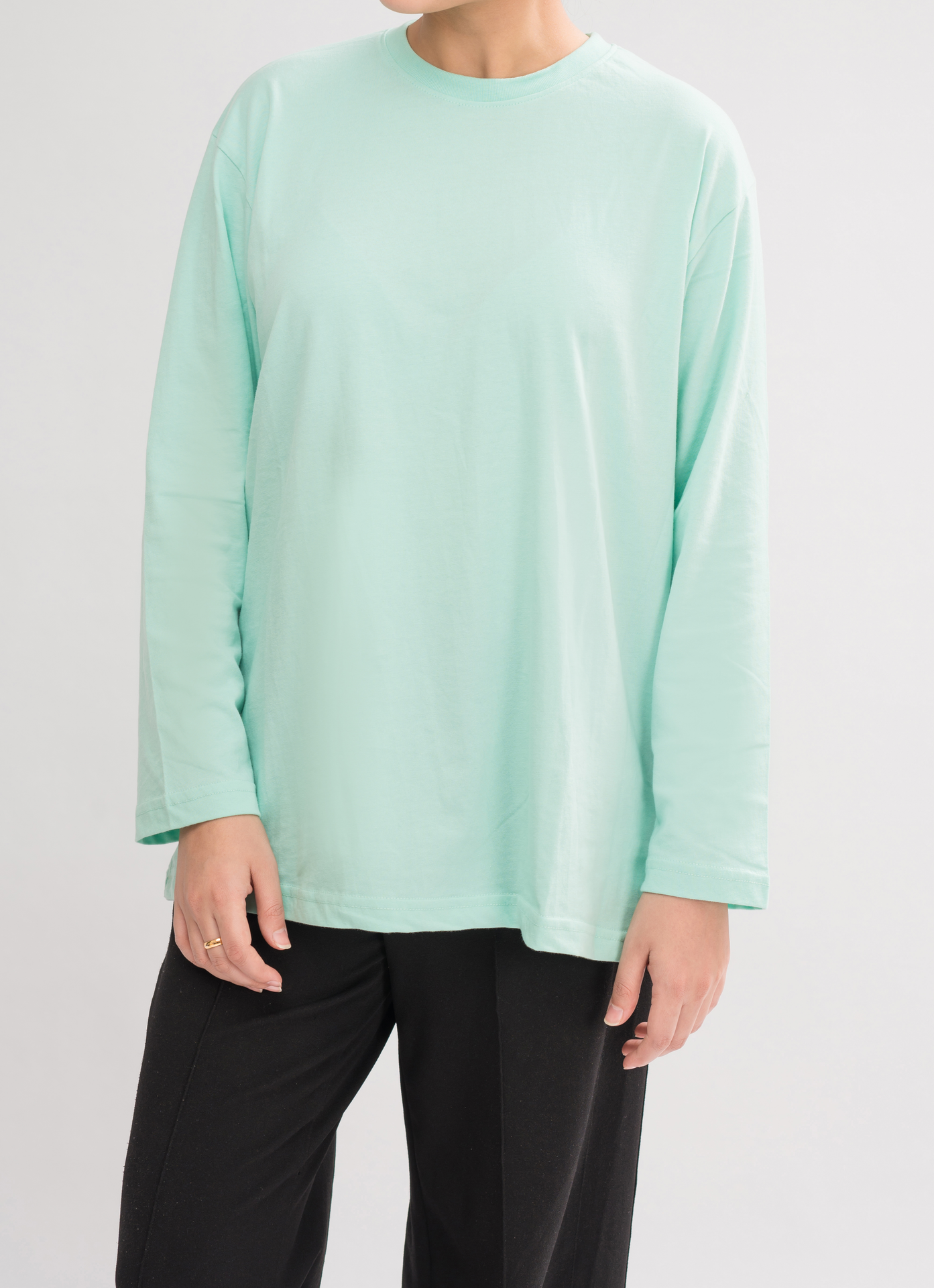 Women’s Oversized Crew Neck T-Shirt Dress in HoneyDew - Front View. Relaxed fit with long sleeves for ultimate comfort and style.