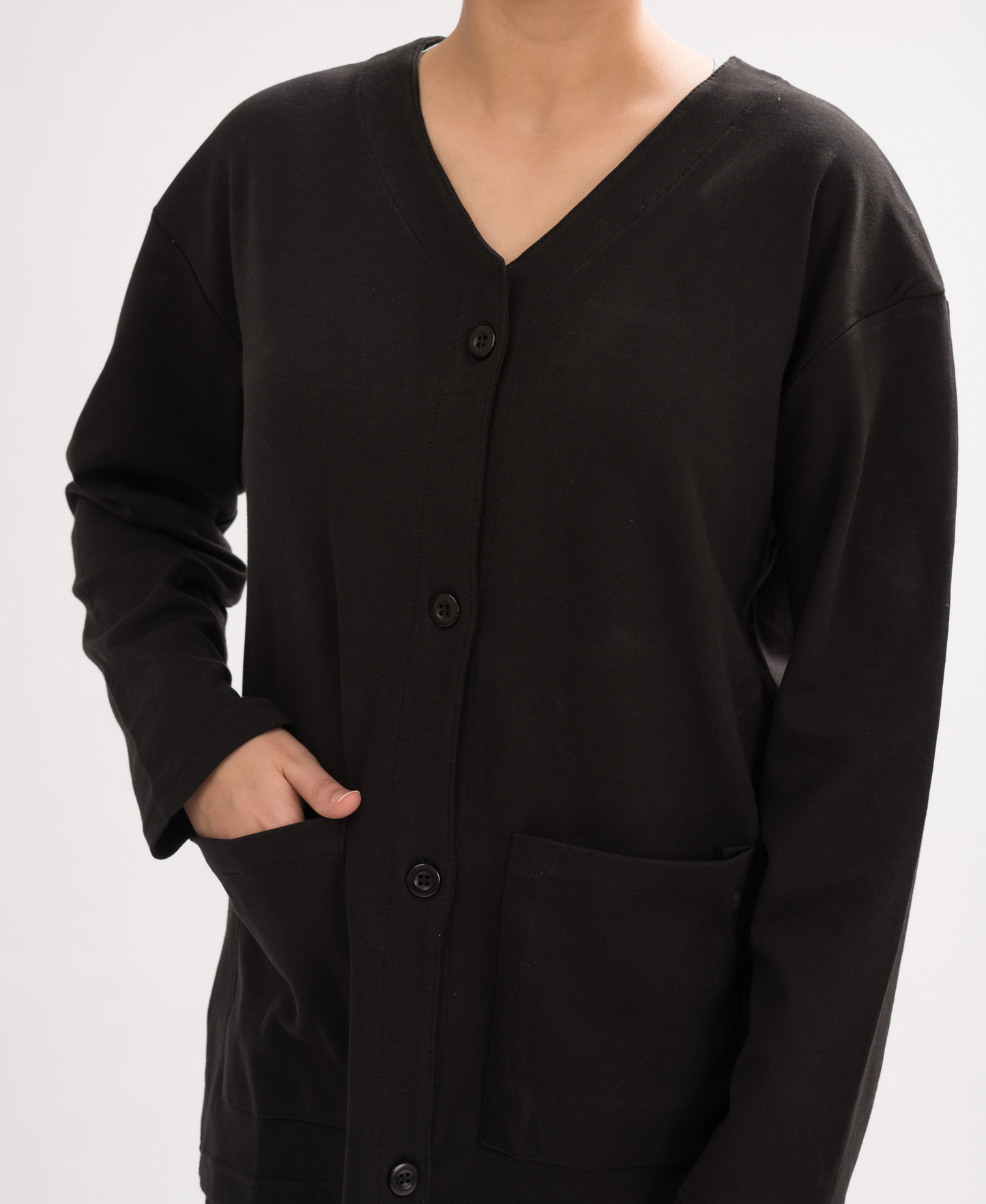 Women’s Black Lightweight Double-Knitted Cotton Blend Cardigan front view, showcasing timeless elegance and sophisticated style.