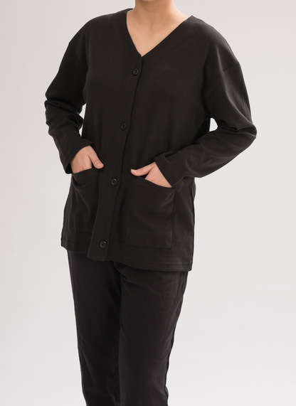 Women’s Black Lightweight Double-Knitted Cotton Blend Cardigan front view, showcasing timeless elegance and sophisticated style.