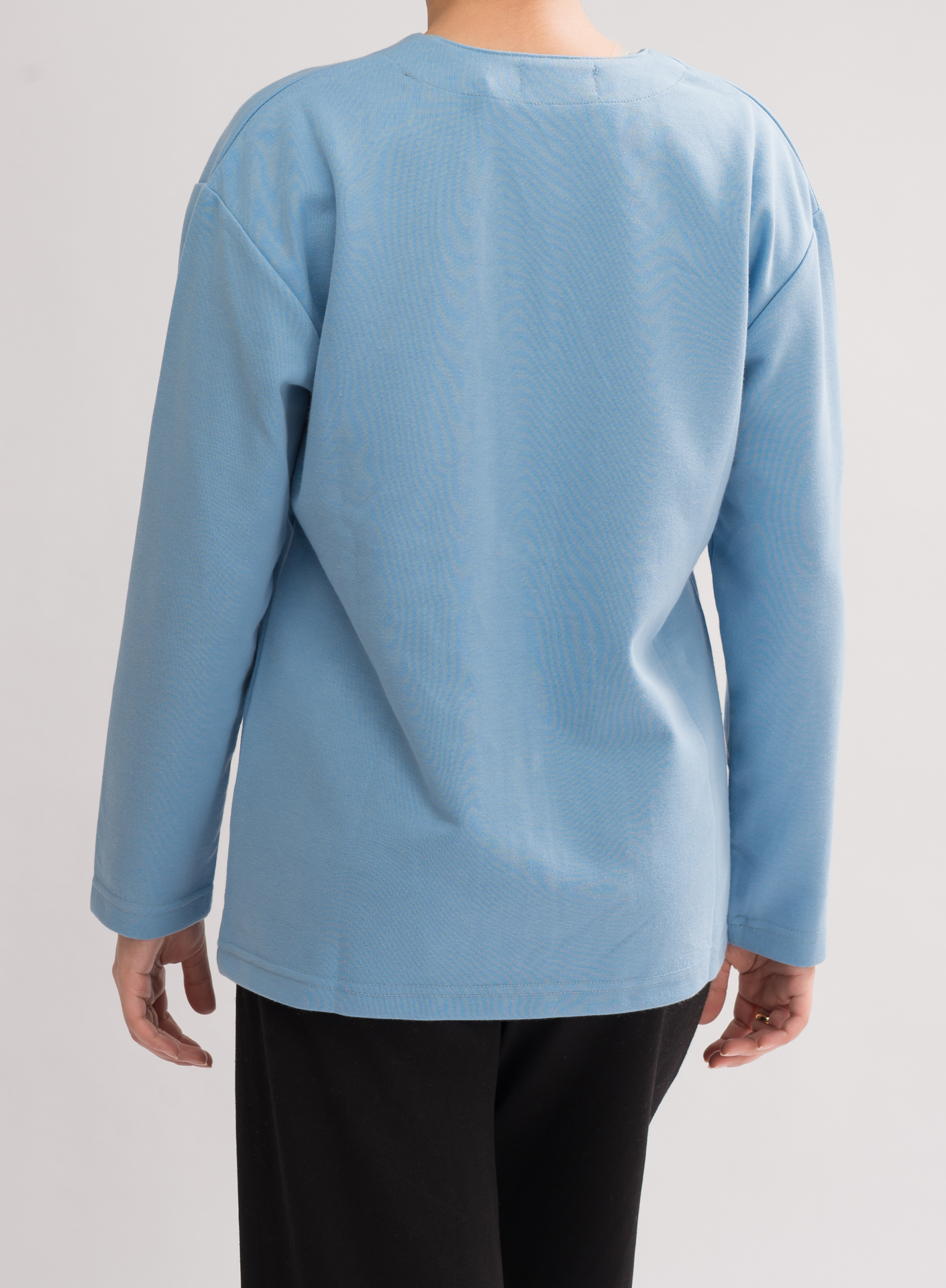 Back view of Women’s Blue Lightweight Double-Knitted Cotton Blend Cardigan, displaying the versatile and elegant design.