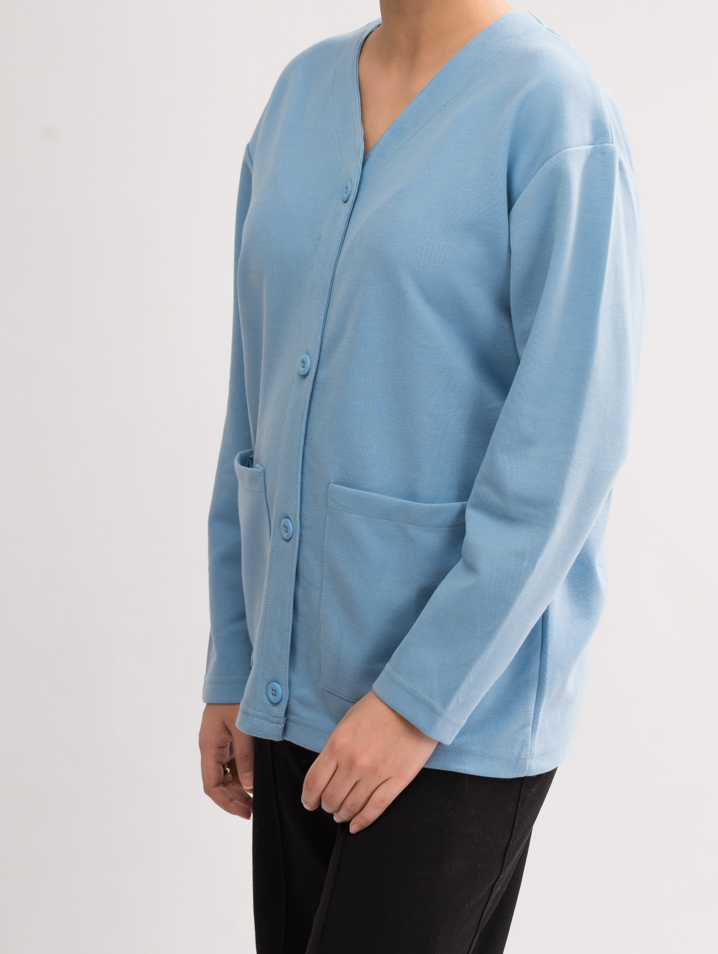 Side view of Women’s Blue Lightweight Double-Knitted Cotton Blend Cardigan, highlighting the luxurious fabric and chic design.