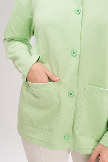 Close-up of the double-knitted fabric of Women’s Mint Lightweight Cardigan, emphasizing the premium cotton blend and craftsmanship.