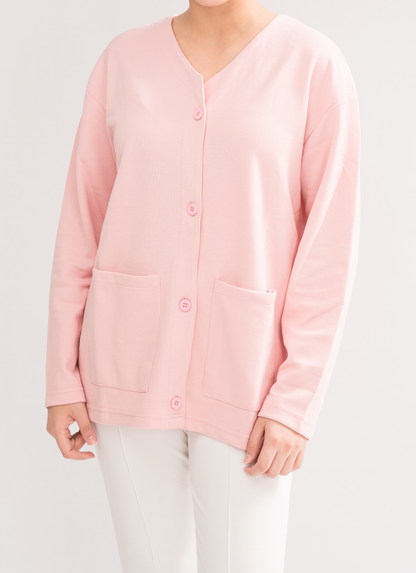 Women’s Rose Pink Lightweight Double-Knitted Cotton Blend Cardigan front view, showcasing timeless elegance and sophisticated style.