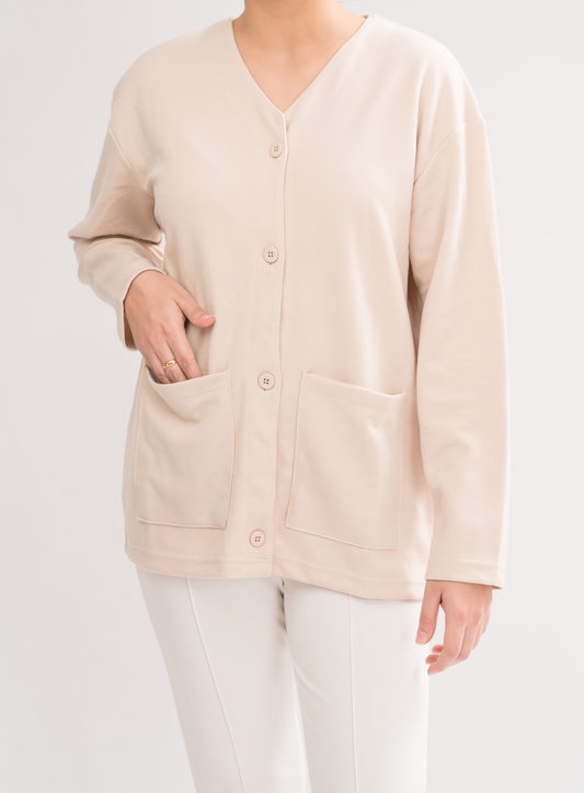 Women’s Stone Lightweight Double-Knitted Cotton Blend Cardigan front view, showcasing timeless elegance and sophisticated style.