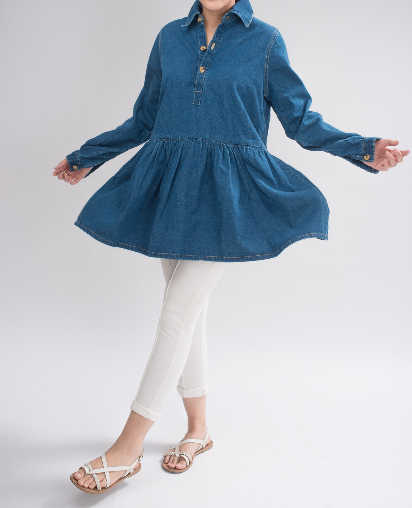 Women’s Denim Collared Dress front view, featuring a loose-fitting silhouette, gathered seam at the waist, and flared skirt for modern femininity.