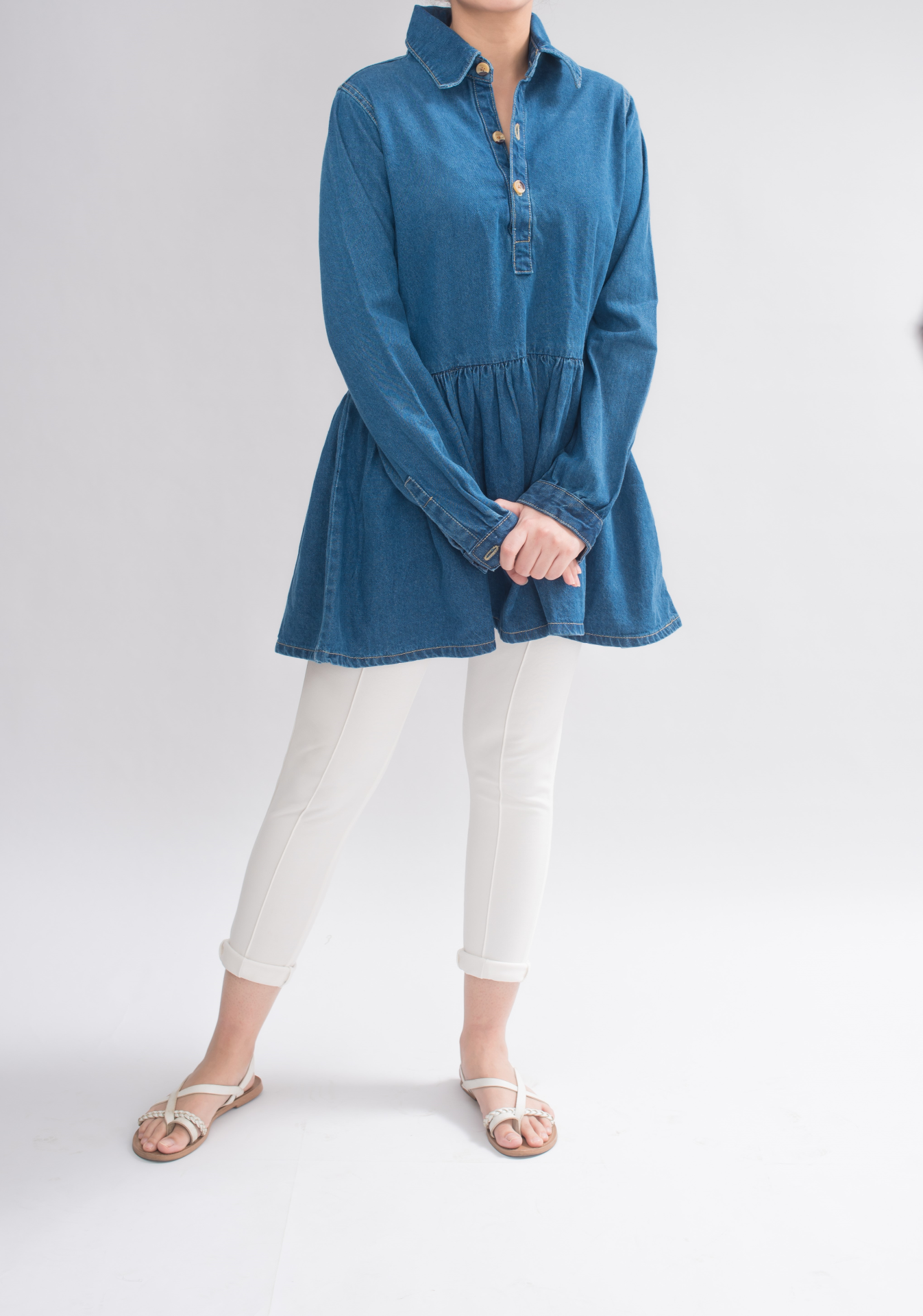 Women’s Denim Collared Dress front view, featuring a loose-fitting silhouette, gathered seam at the waist, and flared skirt for modern femininity.