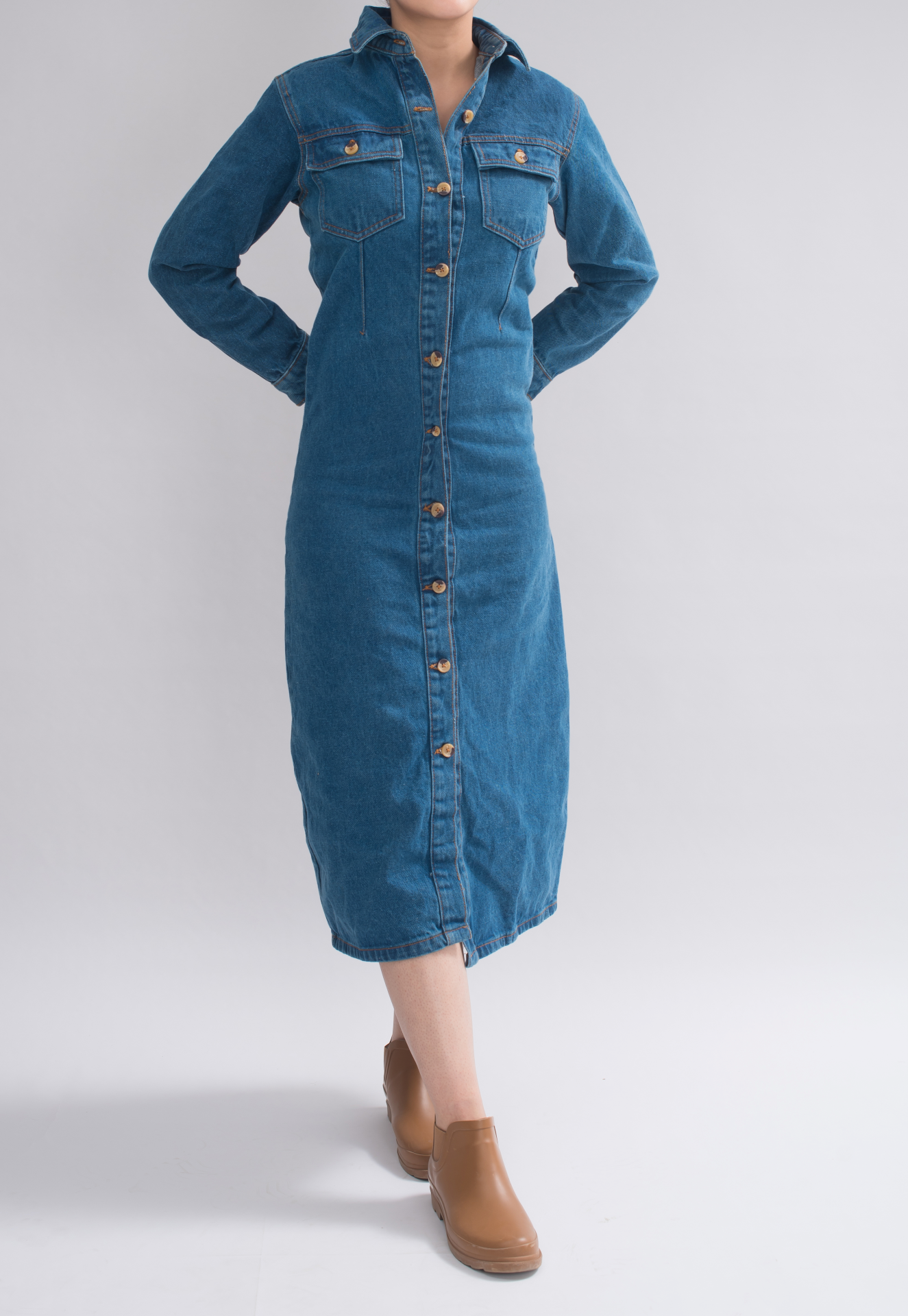 Women’s Long Denim Shirt full view, showcasing a stylish button-down collar and elegant silhouette, perfect for modern fashion.