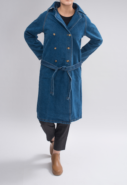 Women’s Classic Denim Trench Coat front view, featuring double-breasted buttoning, raglan sleeves, and a waist-defining belt for timeless elegance.