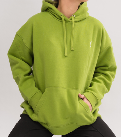 Women’s Classic Oversized Hoodie in Greenoble Green - Front View. Features a contoured silhouette, dropped shoulders, and a double-layered hood for modern casualwear.