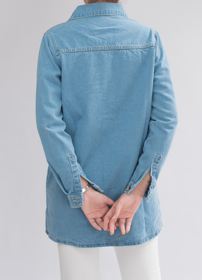 Back view of Women’s Long-Sleeve Denim Dress Shirt, displaying the effortless elegance and classic design.