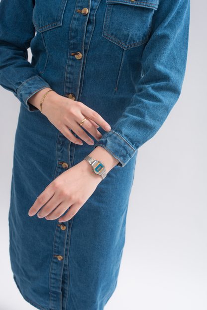 Close-up of Women’s Long Denim Shirt arms, featuring high-quality denim material and comfortable fit.