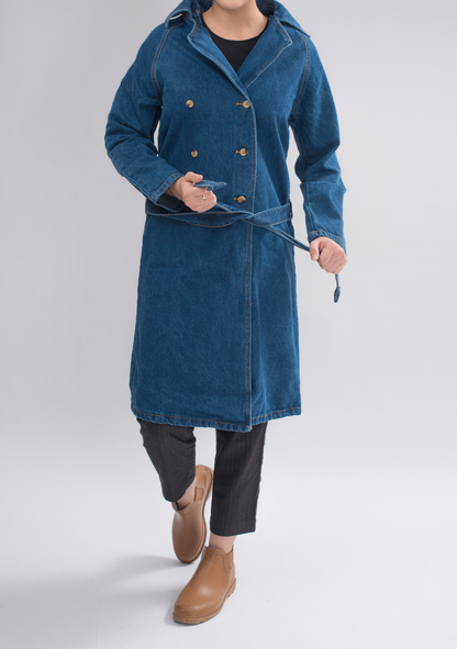 Women’s Classic Denim Trench Coat front view, featuring double-breasted buttoning, raglan sleeves, and a waist-defining belt for timeless elegance.