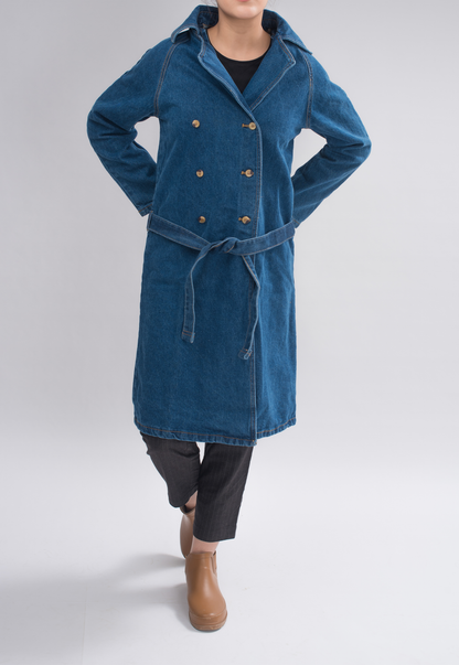 Women’s Classic Denim Trench Coat front view, featuring double-breasted buttoning, raglan sleeves, and a waist-defining belt for timeless elegance.