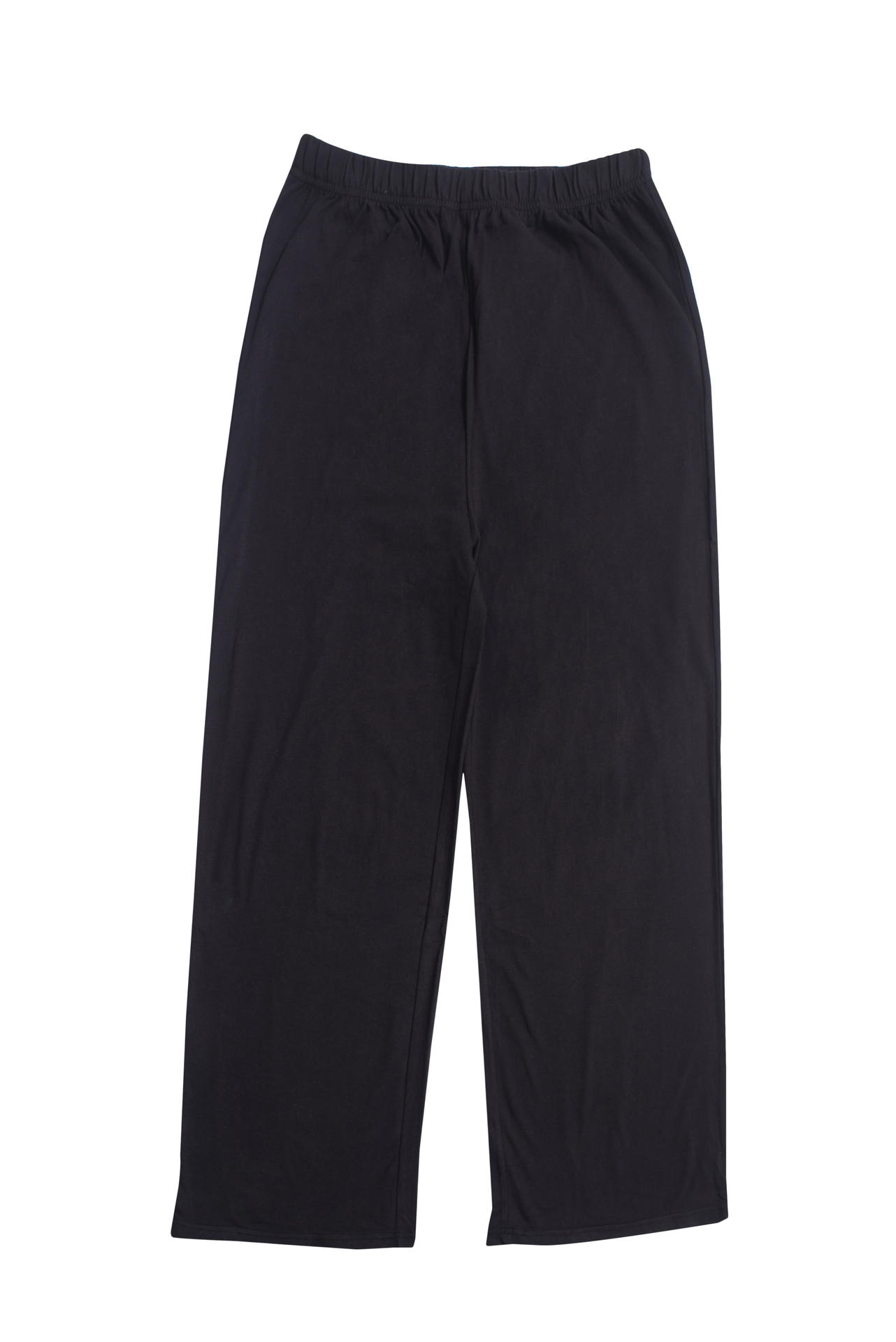 Close-up of the elasticated waist and soft fabric of Women’s Black Relaxed Fit Flared Cotton Blend Trousers, highlighting the stylish and comfortable design.